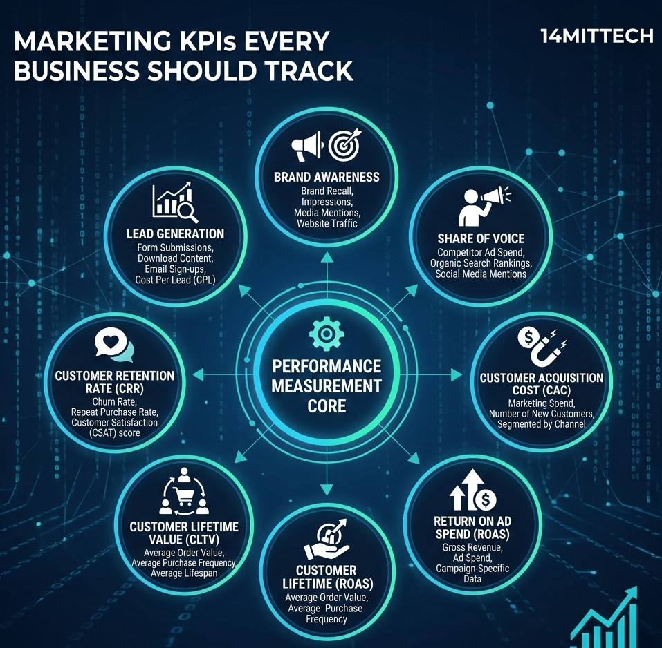 Dashboard showing marketing KPIs every business should track including ROI, leads, and conversion metrics