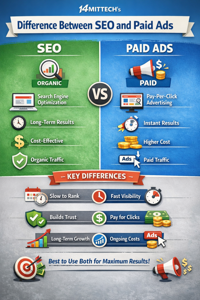 difference between seo and paid ads showing organic vs paid marketing strategy