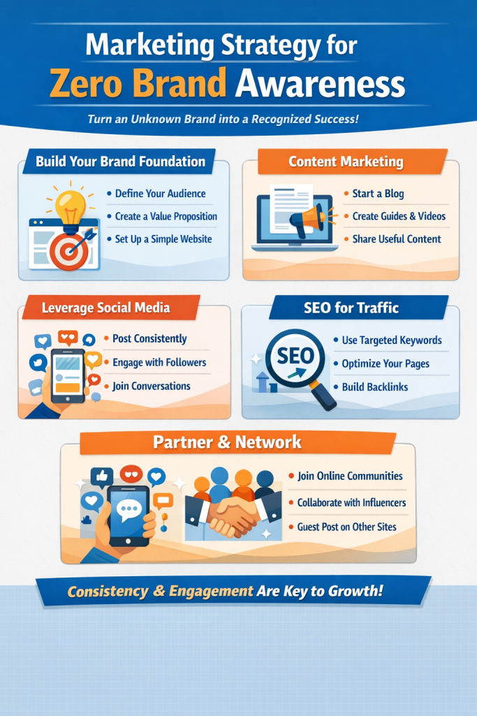 Marketing strategy for zero brand awareness showing brand foundation, content marketing, social media, SEO, and partnerships