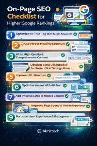 on-page SEO checklist for higher Google rankings showing website optimization strategy