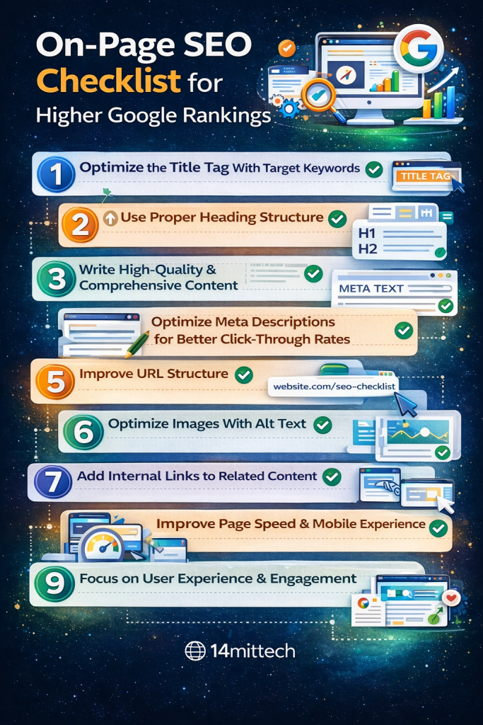 on-page SEO checklist for higher Google rankings showing website optimization strategy
