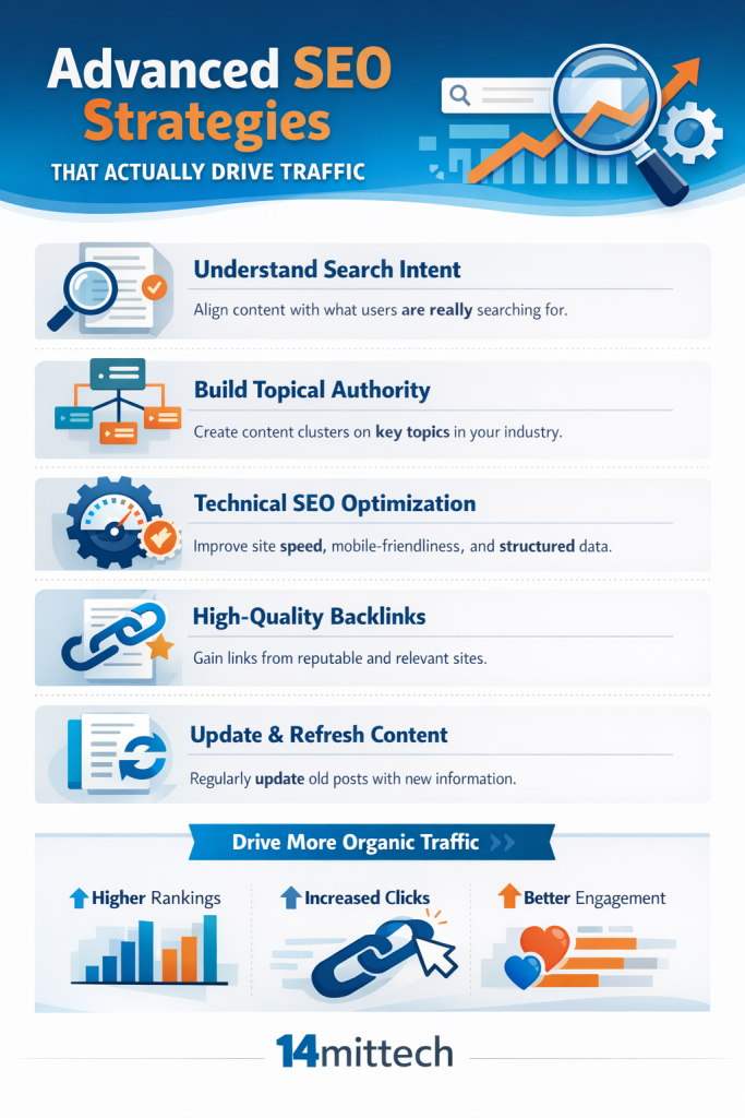 advanced SEO strategies that actually drive traffic with analytics dashboard and search ranking growth