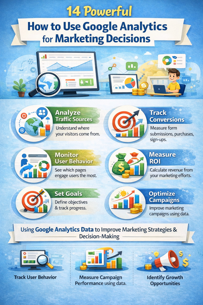 how to use google analytics for marketing decisions showing data analytics and marketing insights